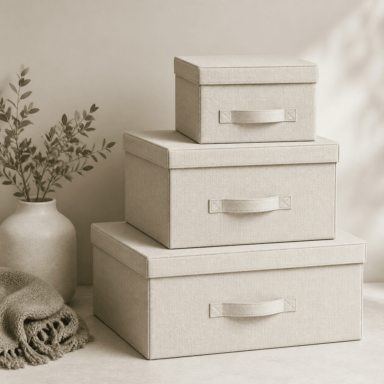 A set of collapsible fabric storage boxes in oatmeal with lids, stacked